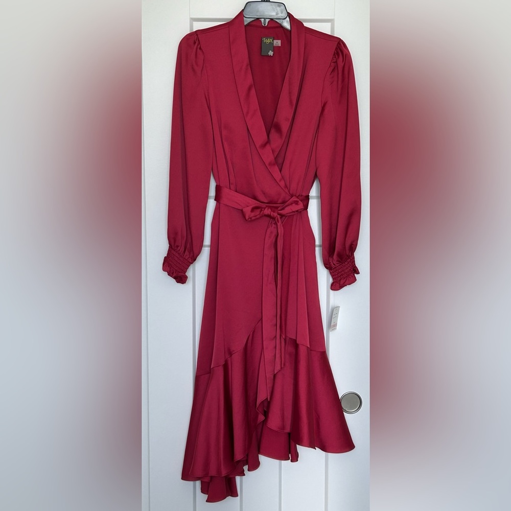 Taylor matte satin midi faux wrap dress